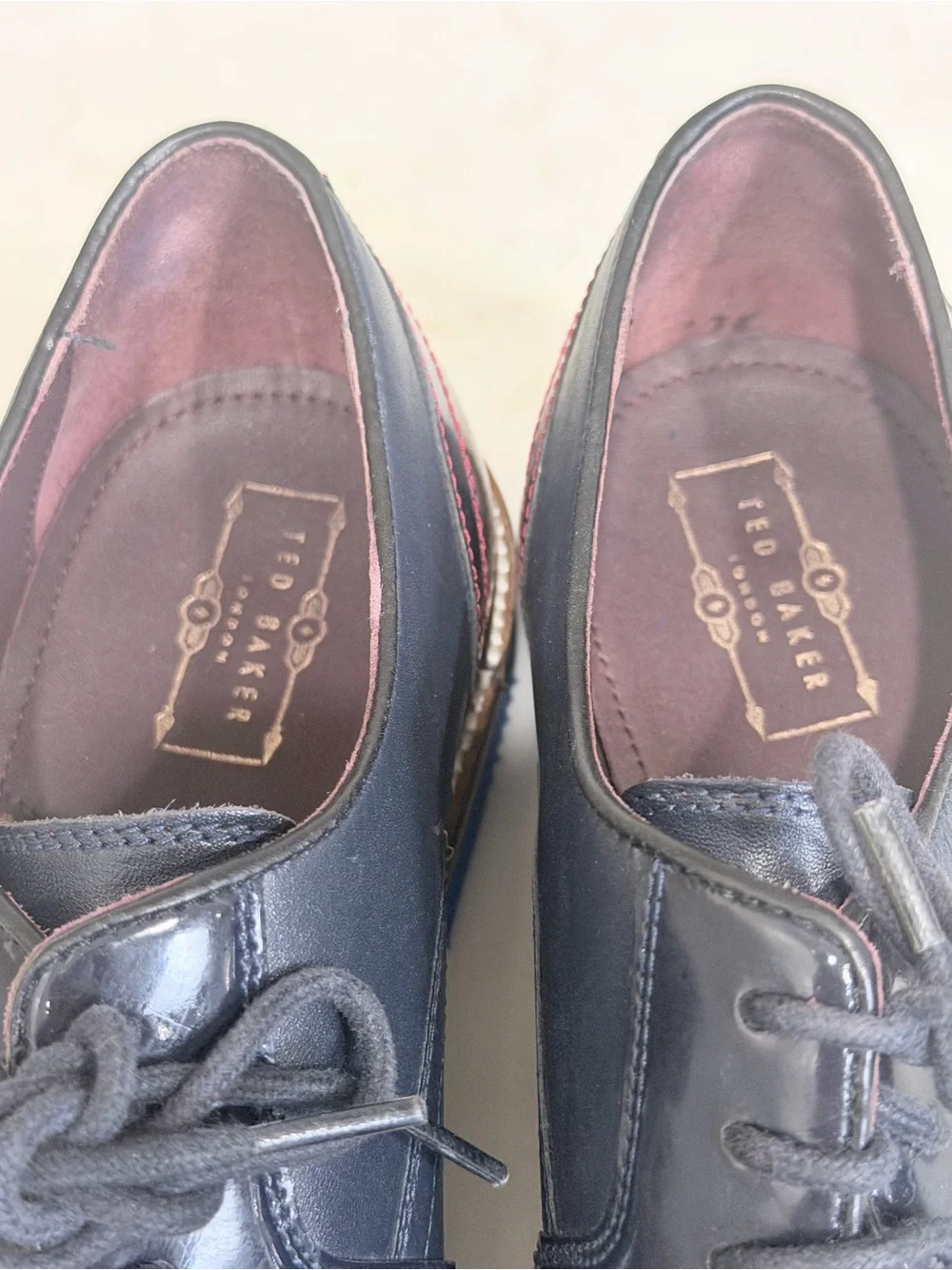 Ted Baker London Navy Leather Cap-Toe Derbys with Brown Welt